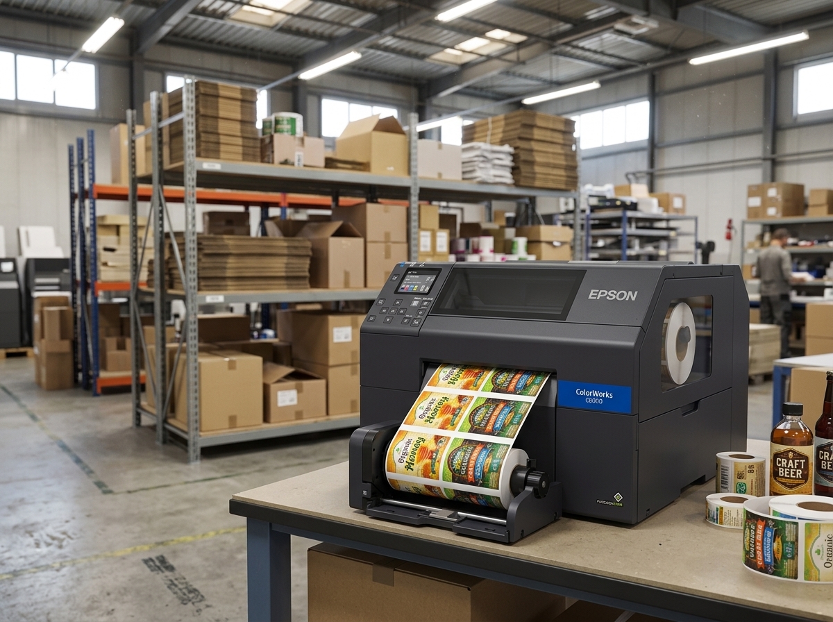 Värviline etiketiprinter töös