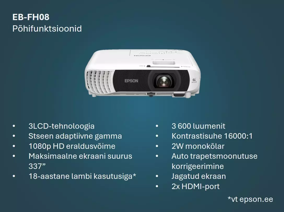 Epson EB-FH08 3LCD projektor - FHD 1920x1080, 3600 ANSI lumens
