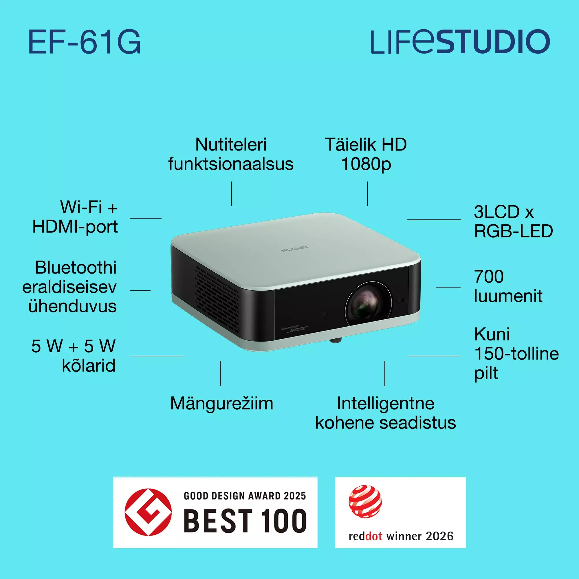 Epson EF-61G 3LCD projektor - FHD 1920x1080, 700 ANSI lumens