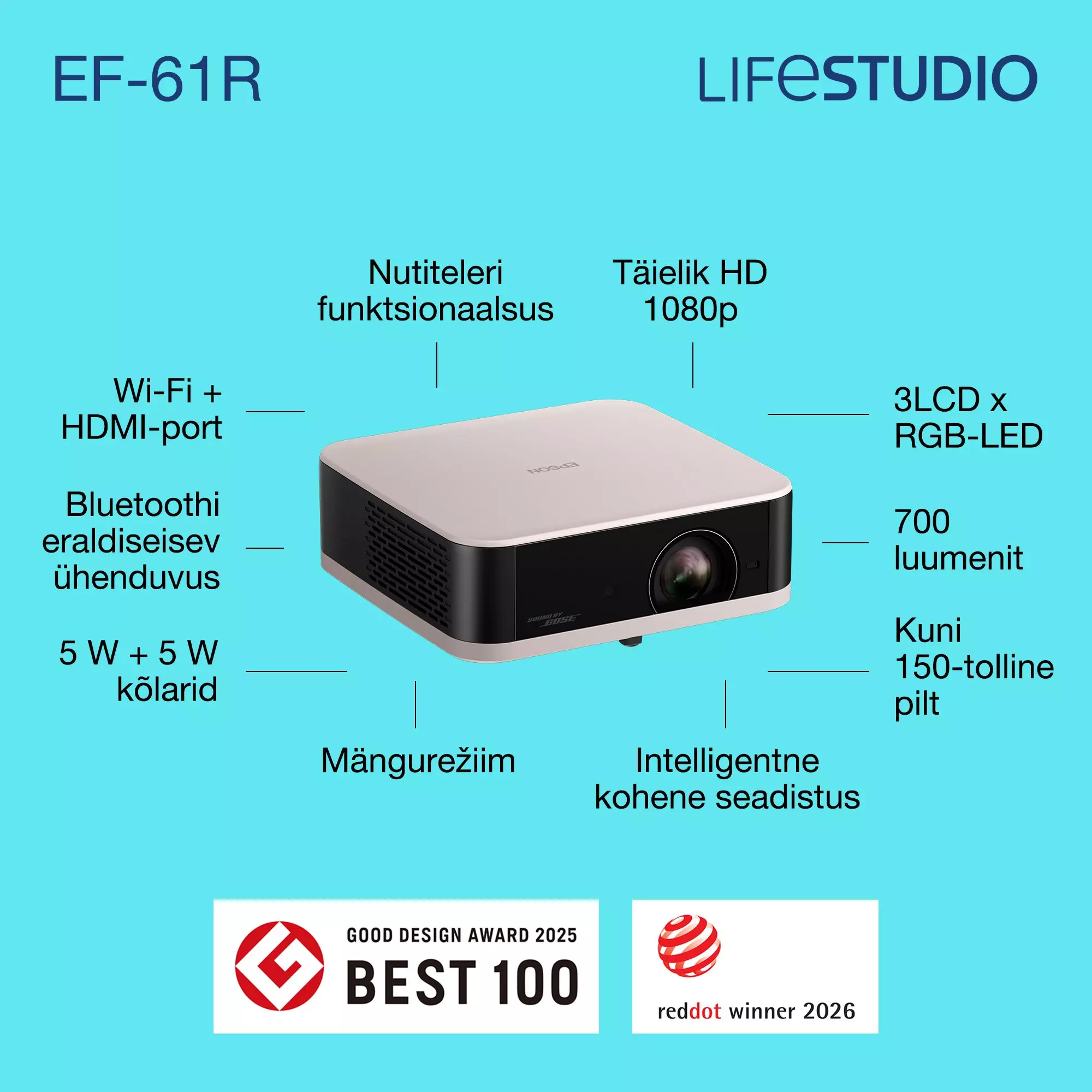 Epson EF-61R 3LCD projektor - FHD 1920x1080, 700 ANSI lumens
